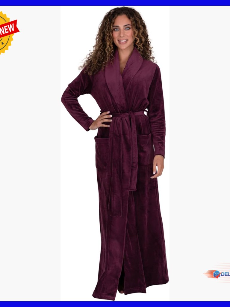 Soft Velour Robe Shawl Collar Belt Pockets Women's Bathrobe